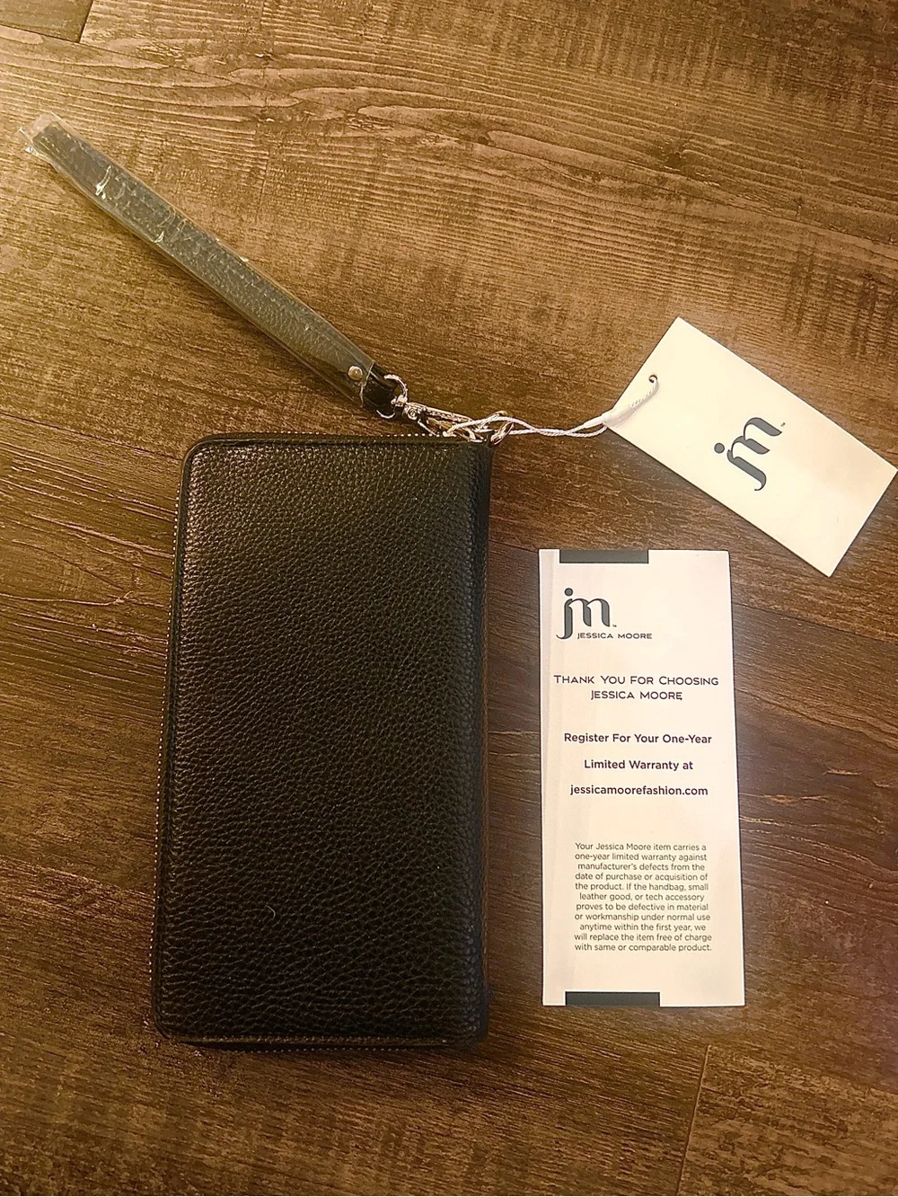 Jessica Moore Black Continental Zip Wallet Wristlet Silver Hardware NWT